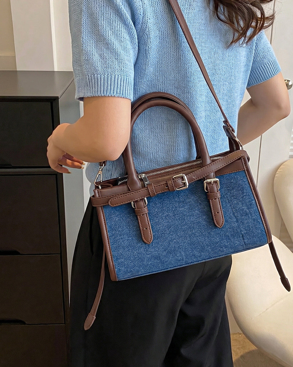 StyleShoot's Denim Buckle Detail Top Handle Shoulder Bag in Blue
