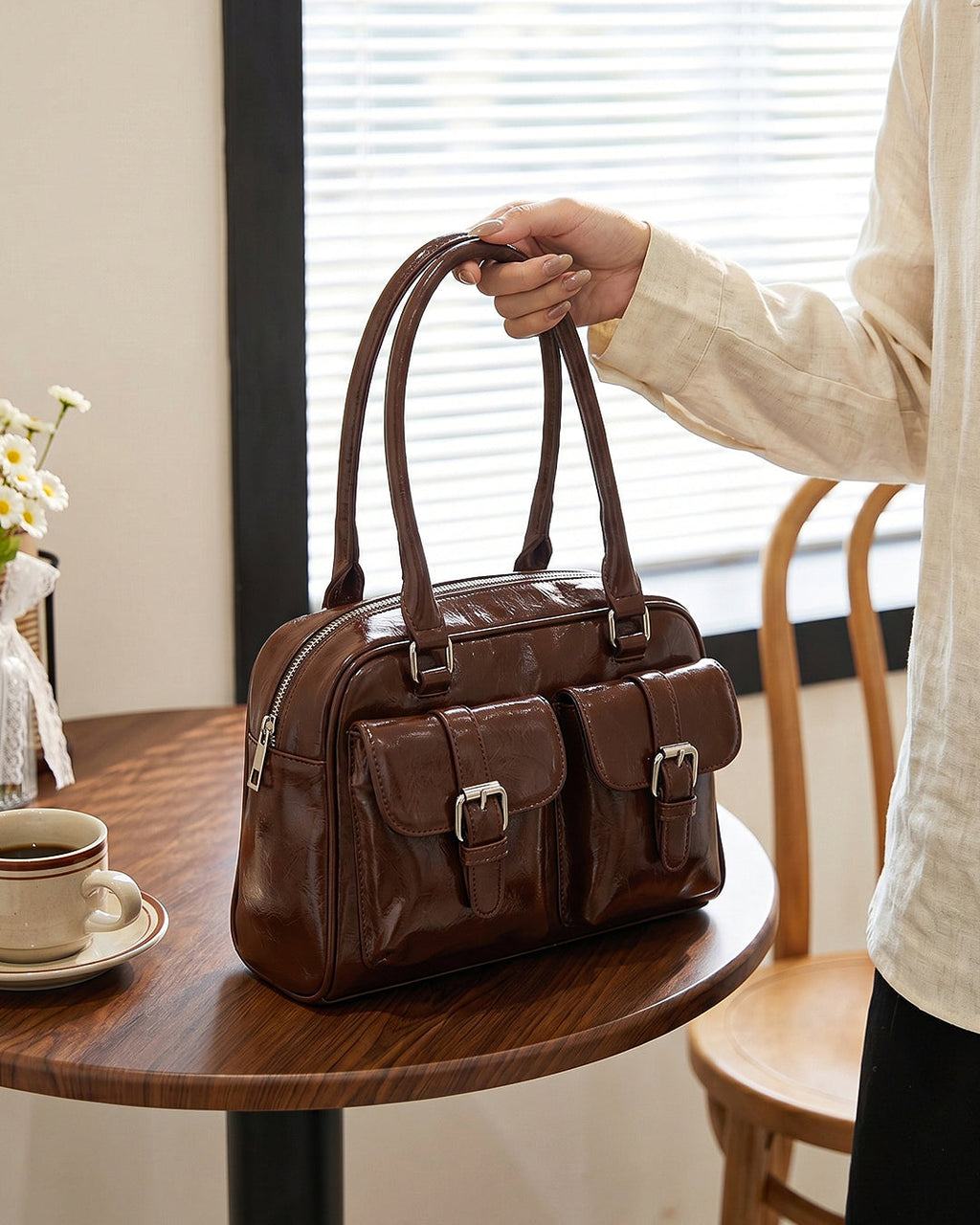 StyleShoot's Y2K Patent Shoulder Handbag in Chocolate Brown