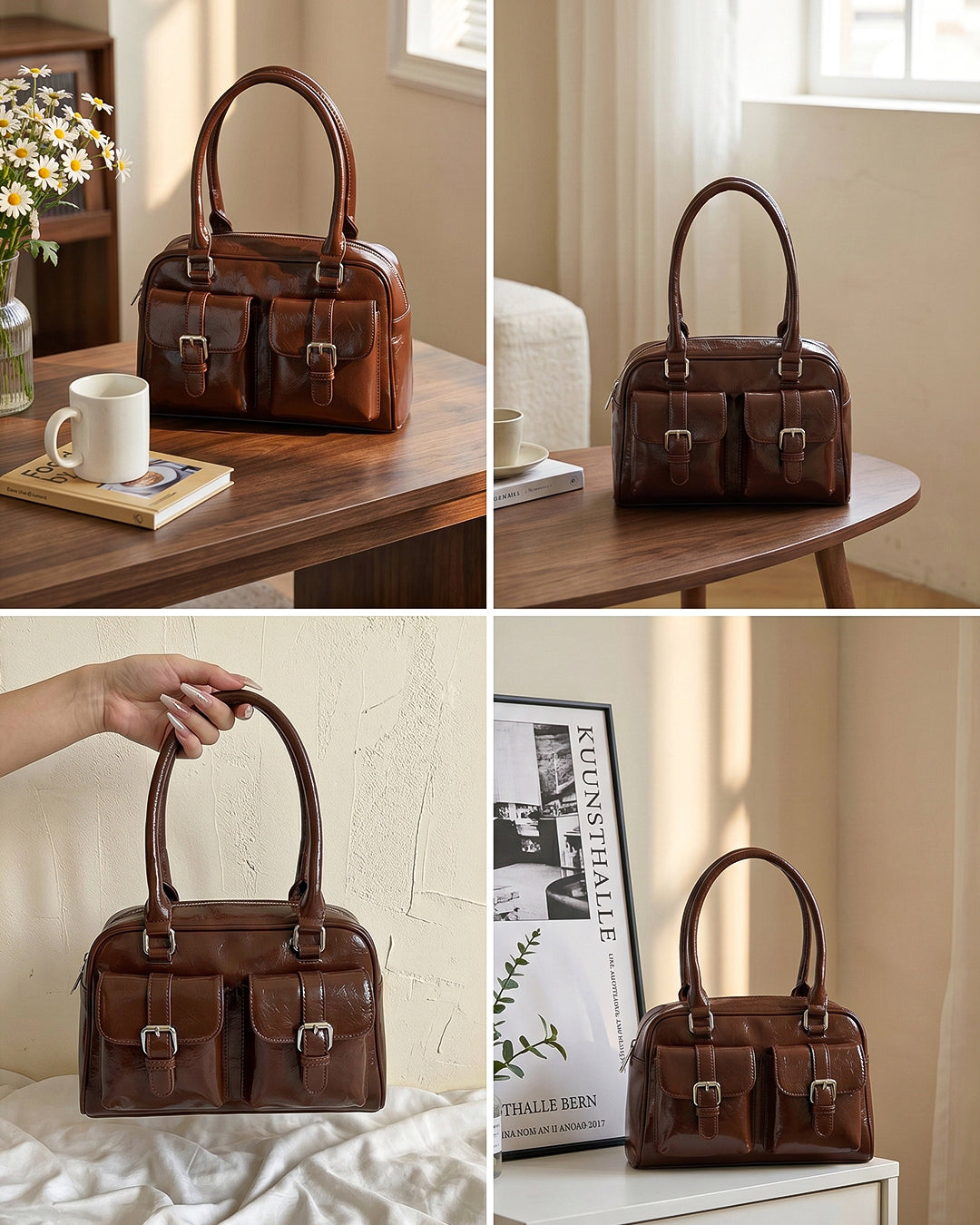 StyleShoot's Y2K Patent Shoulder Handbag in Chocolate Brown