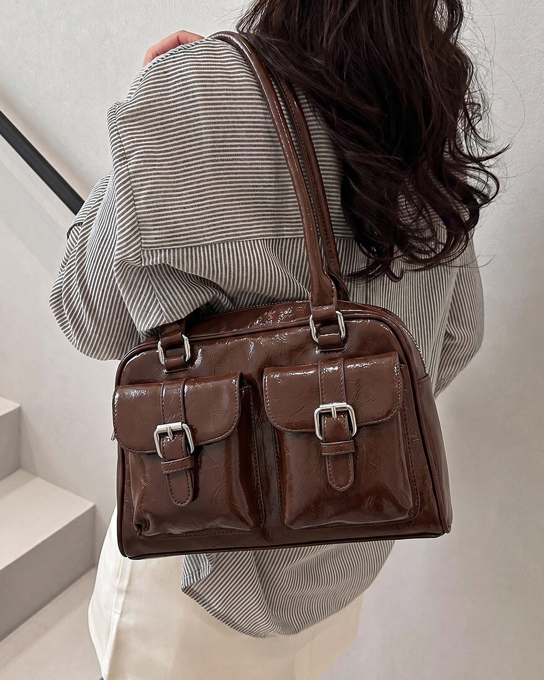 StyleShoot's Y2K Patent Shoulder Handbag in Chocolate Brown
