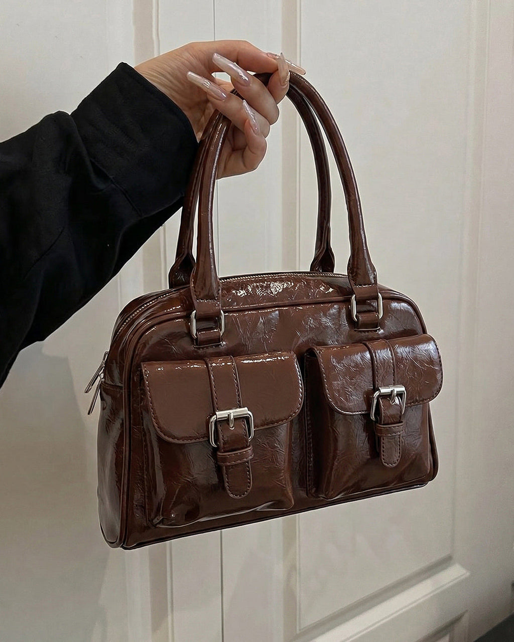 StyleShoot's Y2K Patent Shoulder Handbag in Chocolate Brown