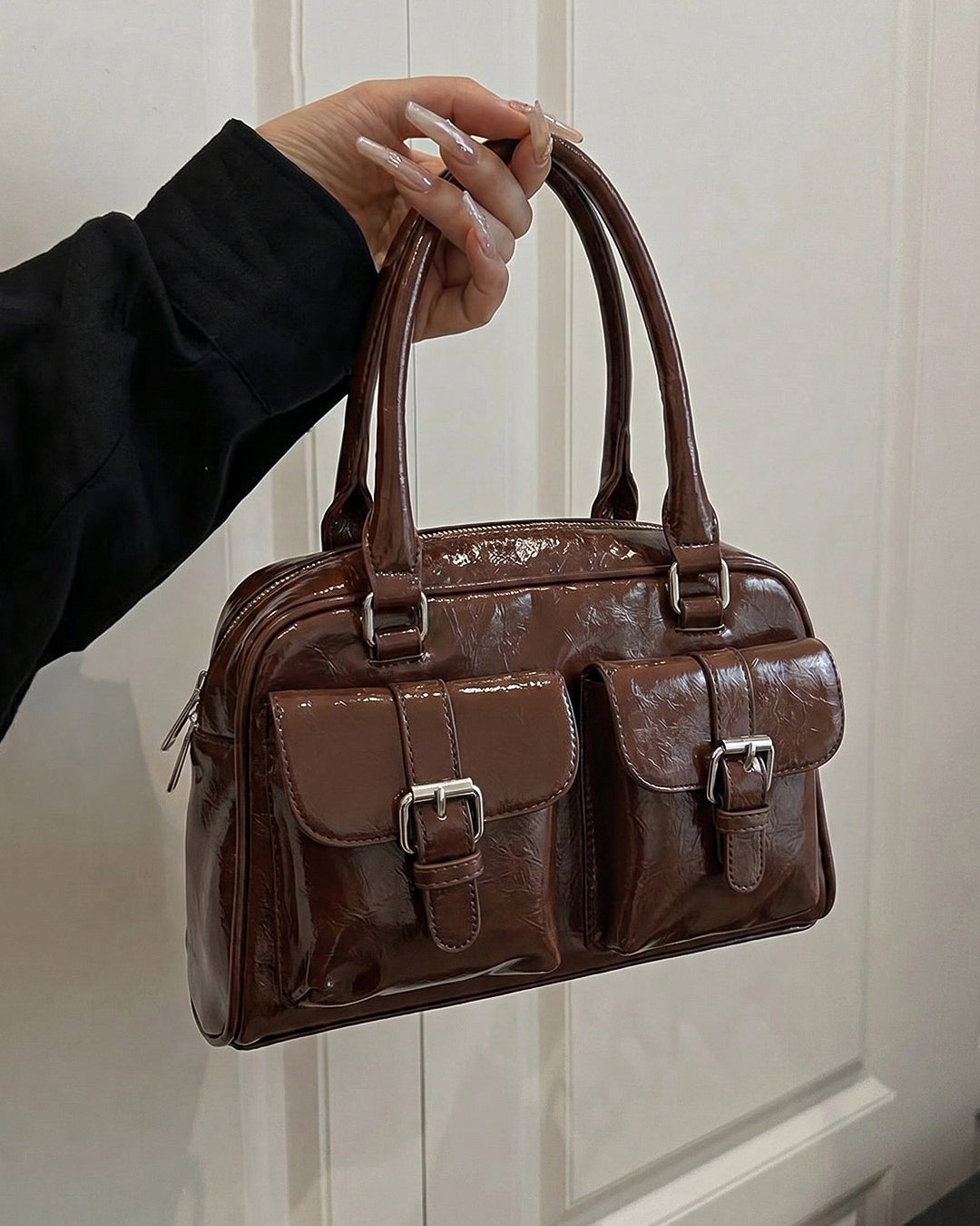 StyleShoot's Y2K Patent Shoulder Handbag in Chocolate Brown
