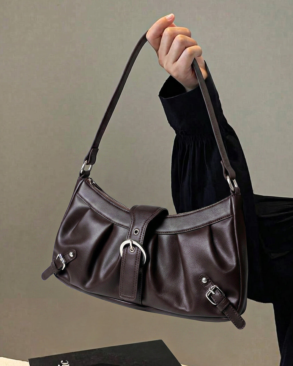 StyleShoot's Pleated Zip Closure Shoulder Bag in Cocoa Brown