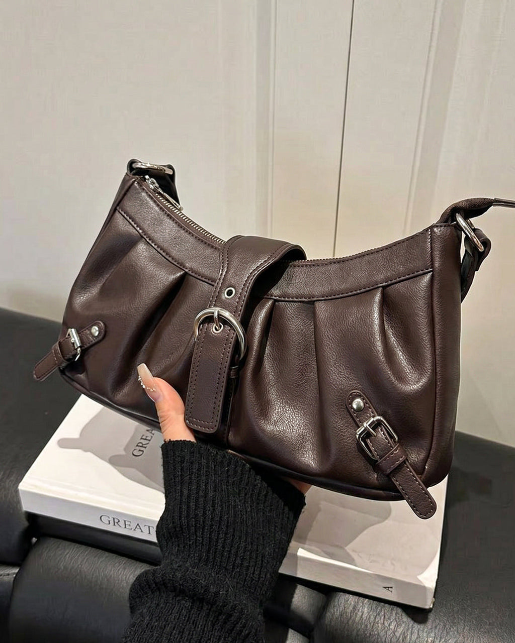 StyleShoot's Pleated Zip Closure Shoulder Bag in Cocoa Brown