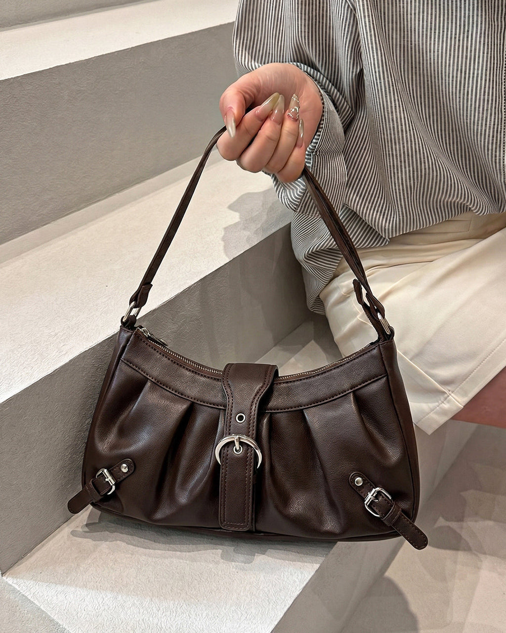 StyleShoot's Pleated Zip Closure Shoulder Bag in Cocoa Brown