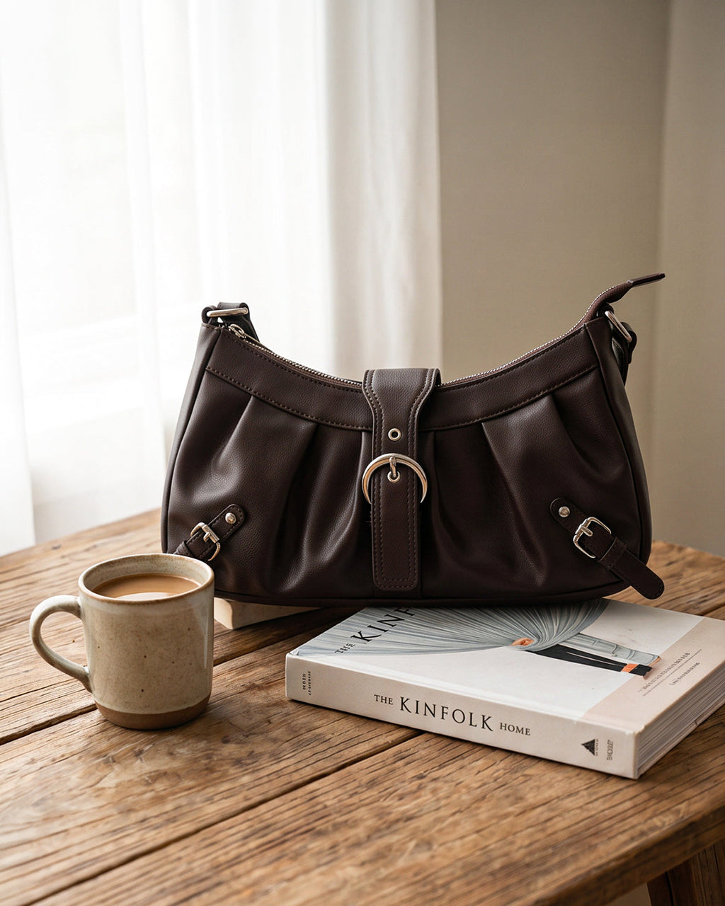 StyleShoot's Pleated Zip Closure Shoulder Bag in Cocoa Brown