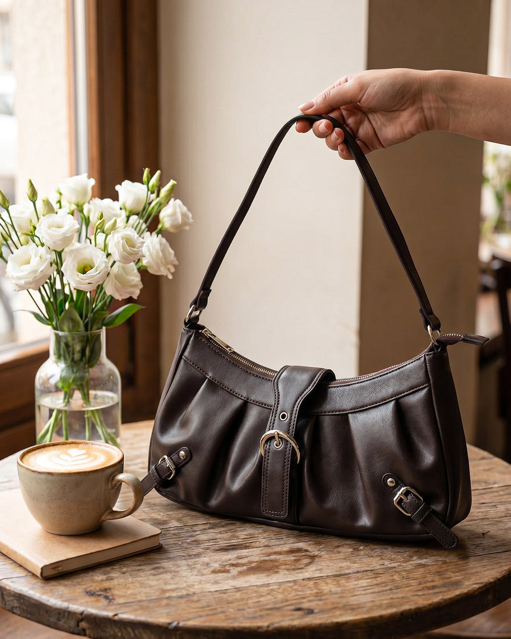 StyleShoot's Pleated Zip Closure Shoulder Bag in Cocoa Brown