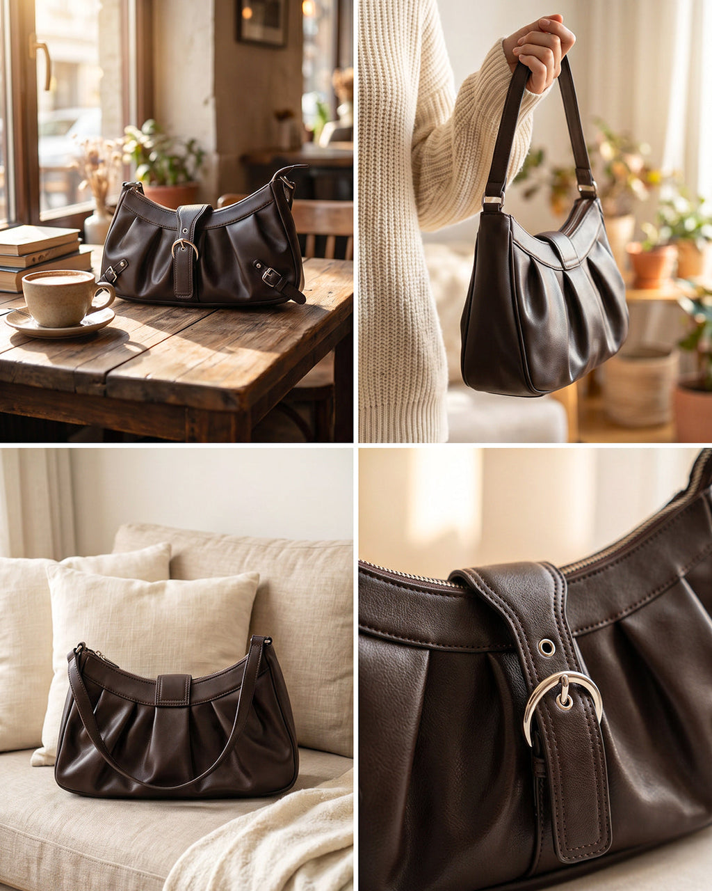 StyleShoot's Pleated Zip Closure Shoulder Bag in Cocoa Brown