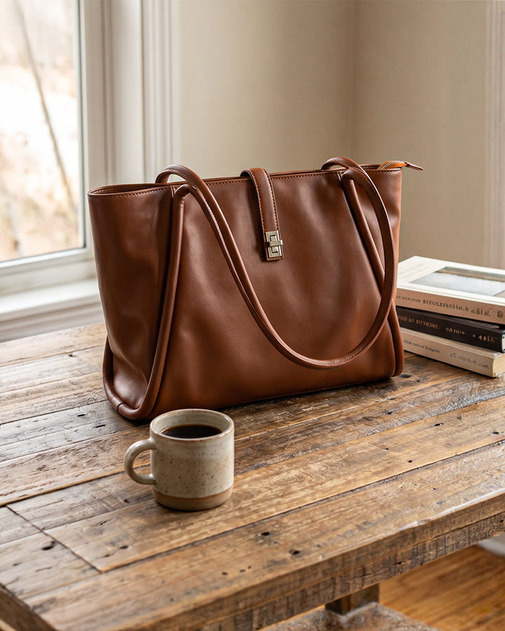 StyleShoot's Minimalist Turn Lock Tote Bag in Rust Brown