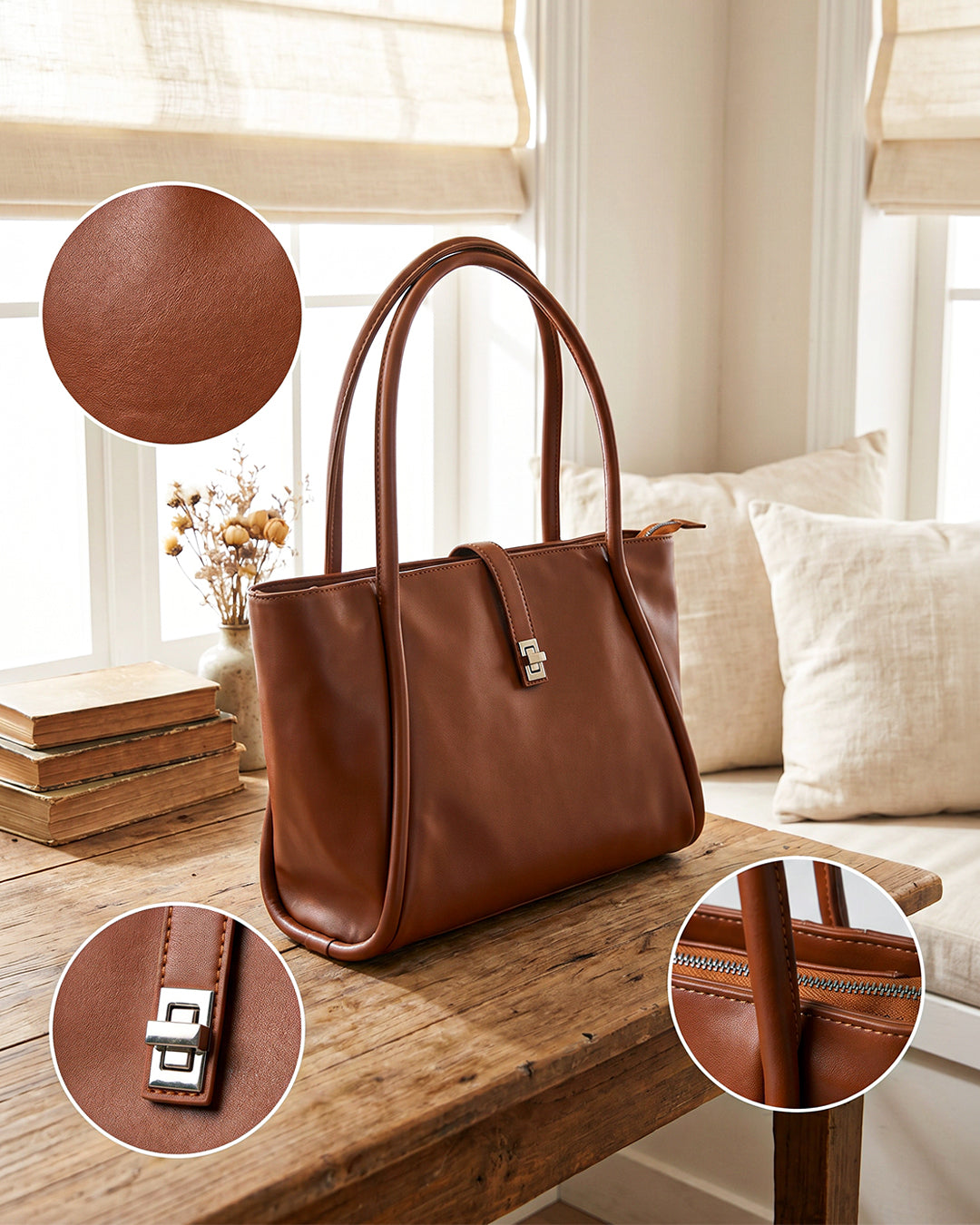 StyleShoot's Minimalist Turn Lock Tote Bag in Rust Brown