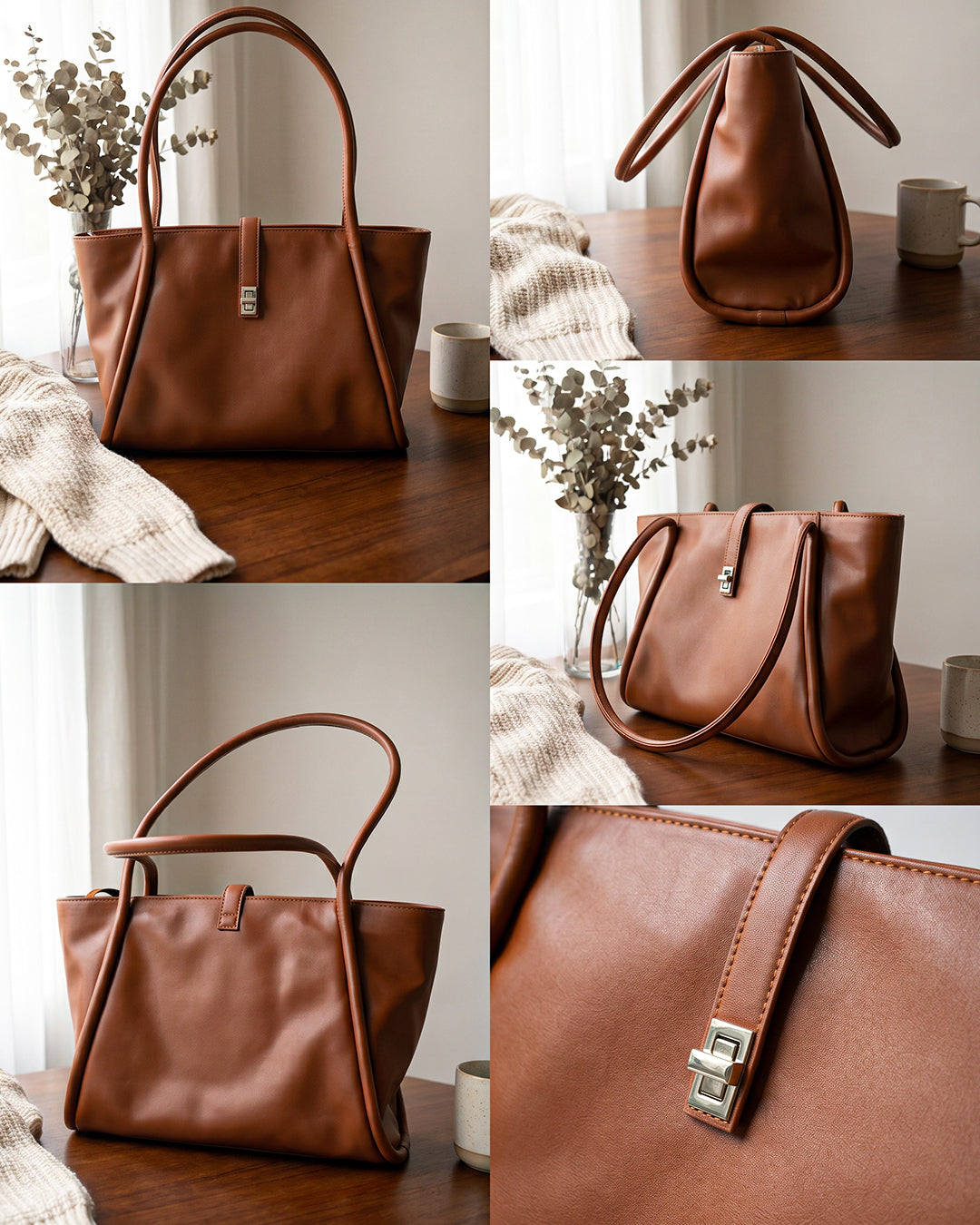 StyleShoot's Minimalist Turn Lock Tote Bag in Rust Brown