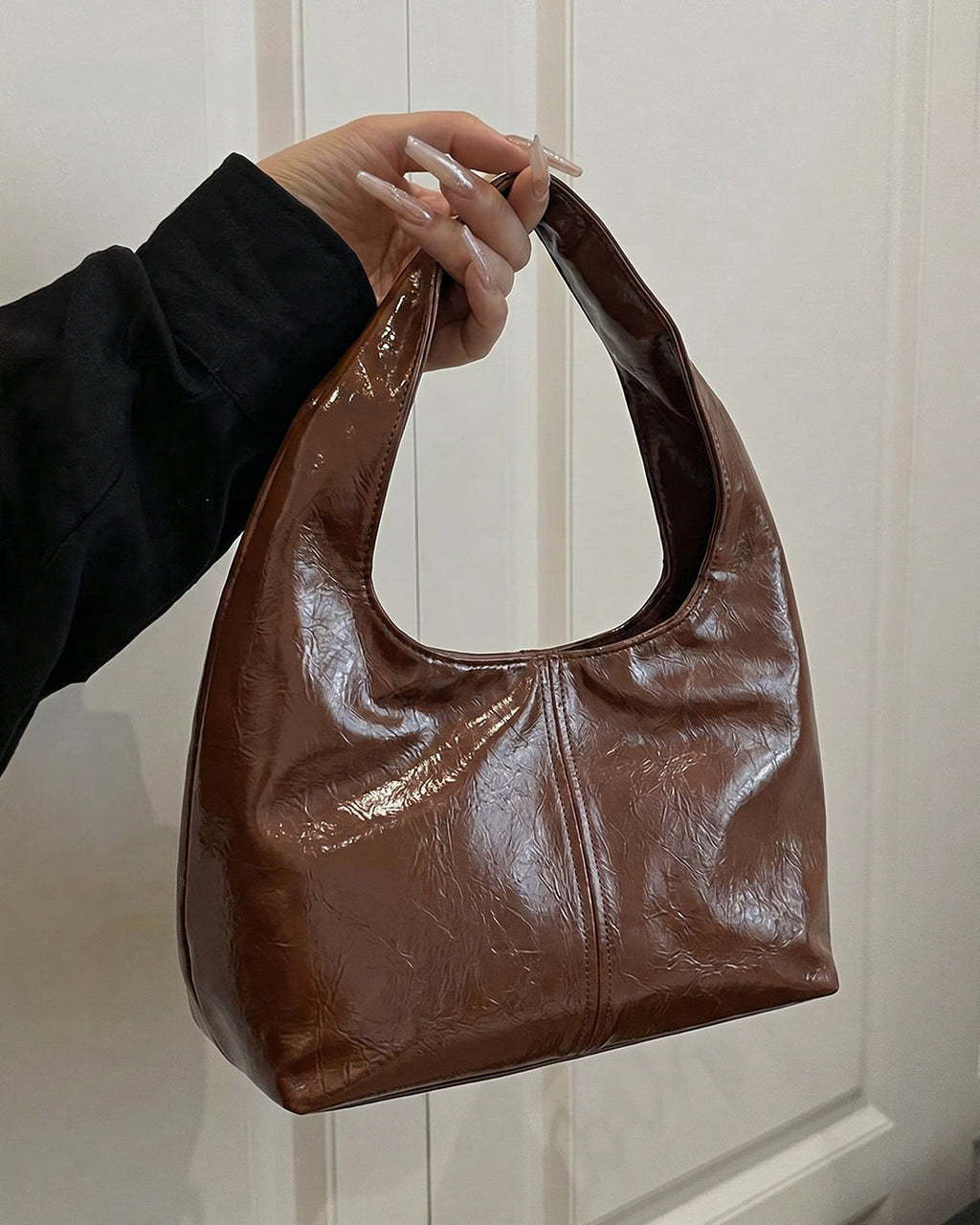 StyleShoot's Glossy Finish Hobo Shoulder Bag in Espresso Brown