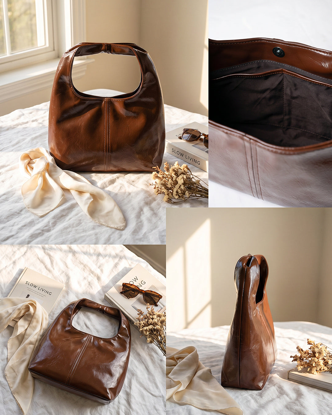 StyleShoot's Glossy Finish Hobo Shoulder Bag in Espresso Brown