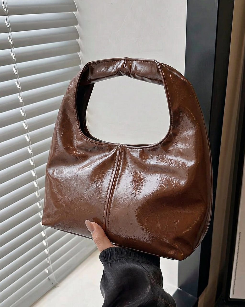 StyleShoot's Glossy Finish Hobo Shoulder Bag in Espresso Brown
