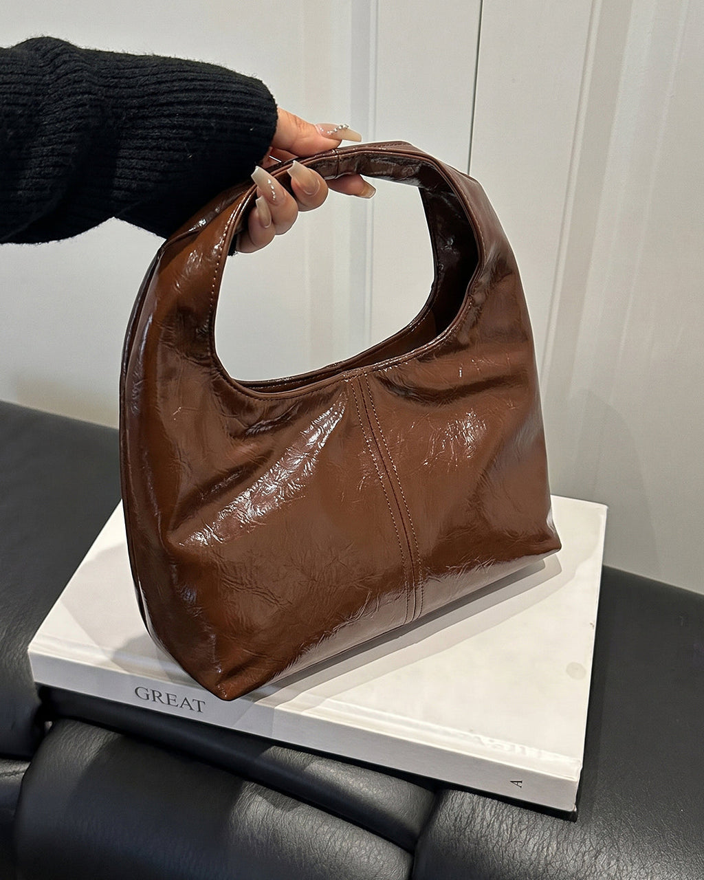 StyleShoot's Glossy Finish Hobo Shoulder Bag in Espresso Brown