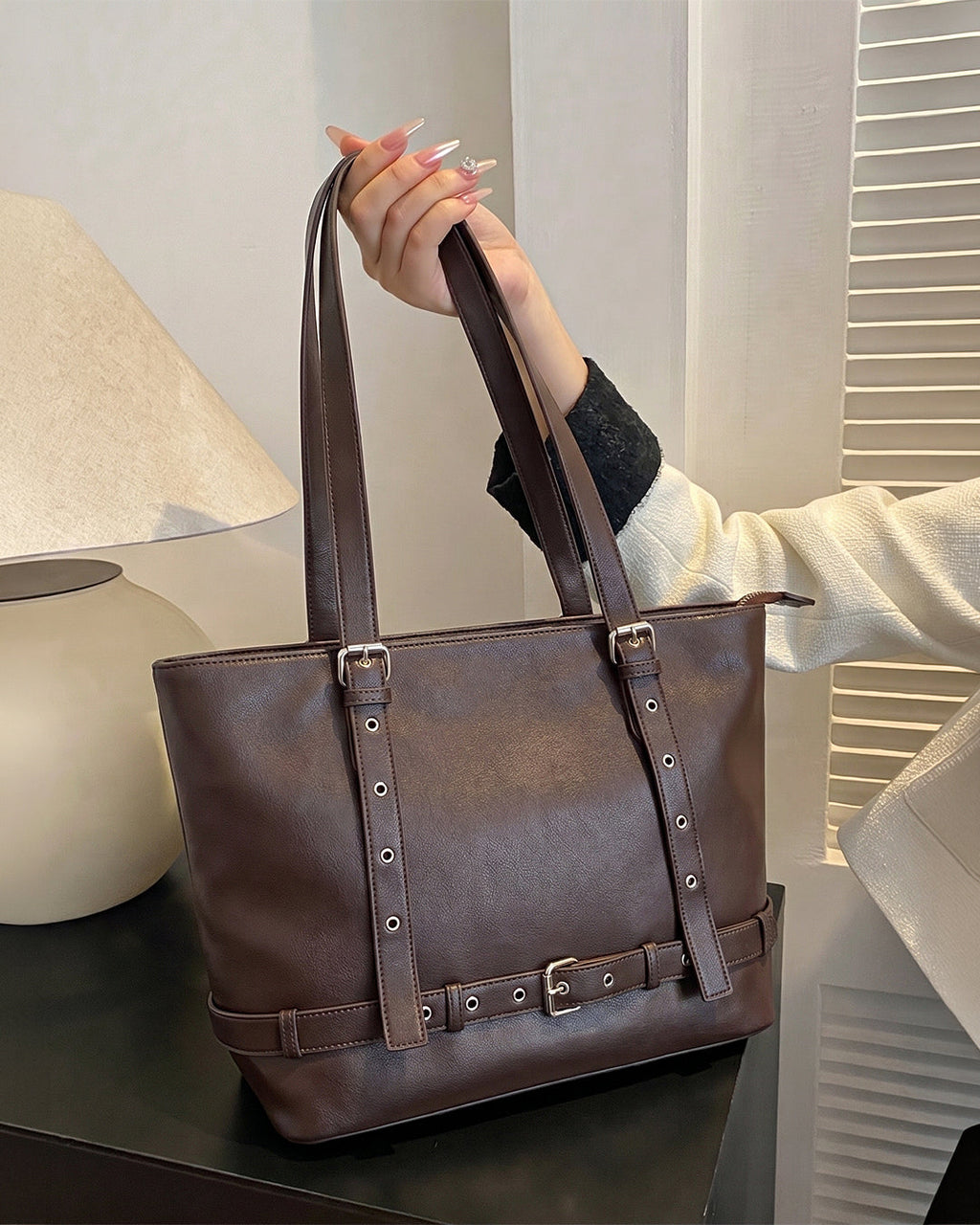 StyleShoot's Belt Accent Work Tote Bag in Chocolate Brown