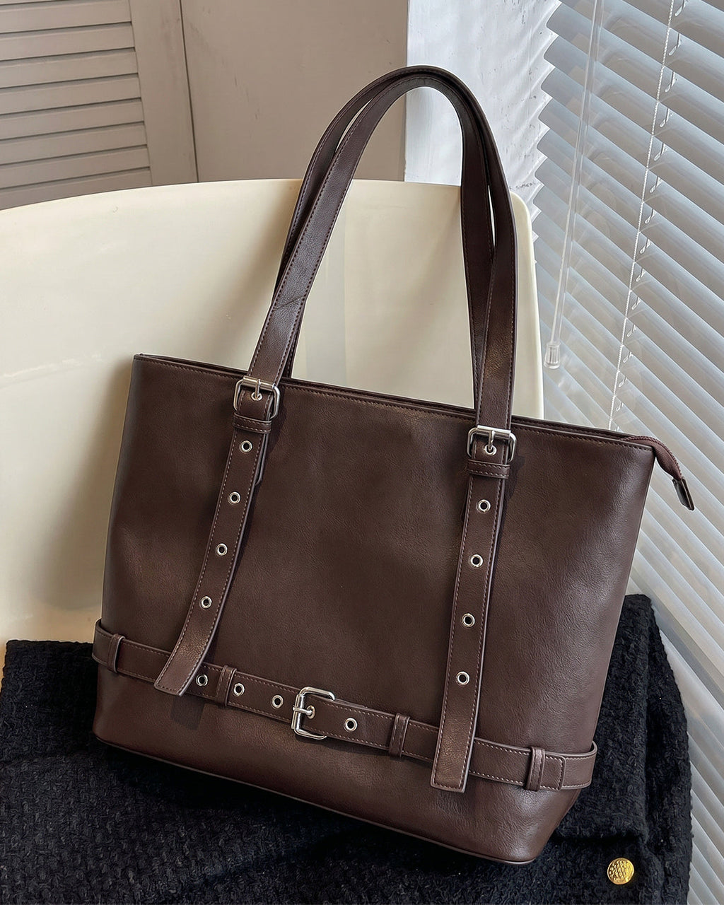 StyleShoot's Belt Accent Work Tote Bag in Chocolate Brown