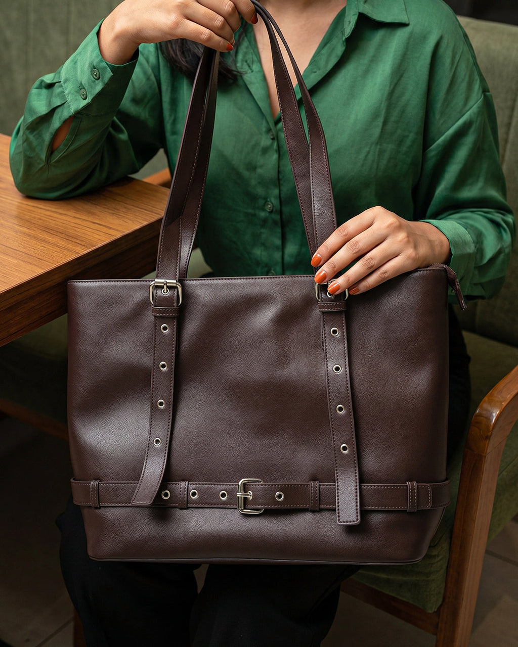 StyleShoot's Belt Accent Work Tote Bag in Chocolate Brown
