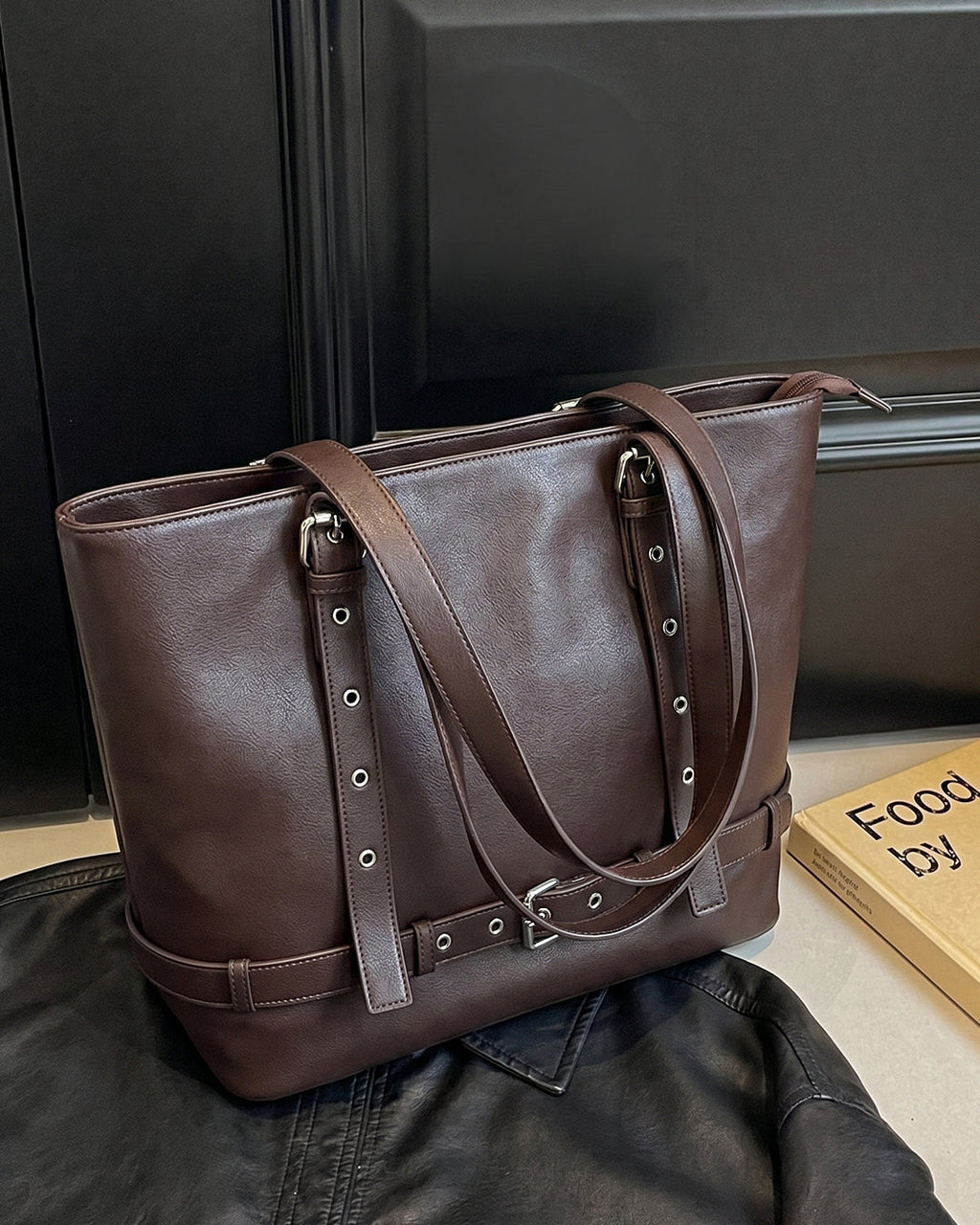 StyleShoot's Belt Accent Work Tote Bag in Chocolate Brown