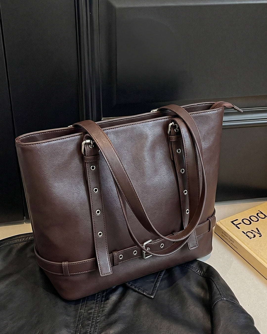 Belt Accent Work Tote Bag in Chocolate Brown