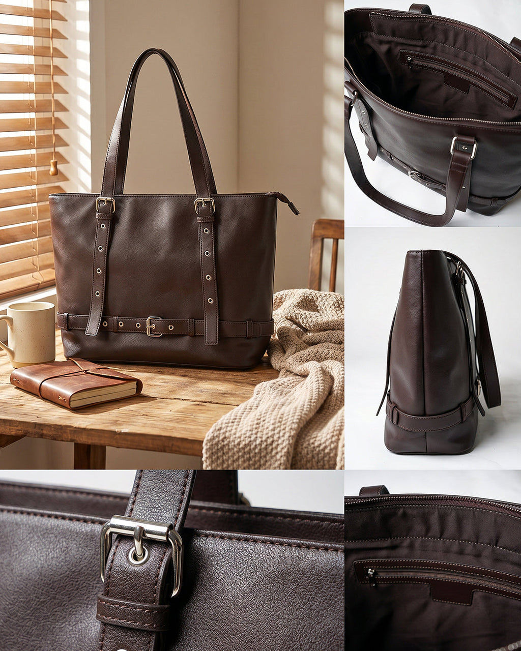 StyleShoot's Belt Accent Work Tote Bag in Chocolate Brown