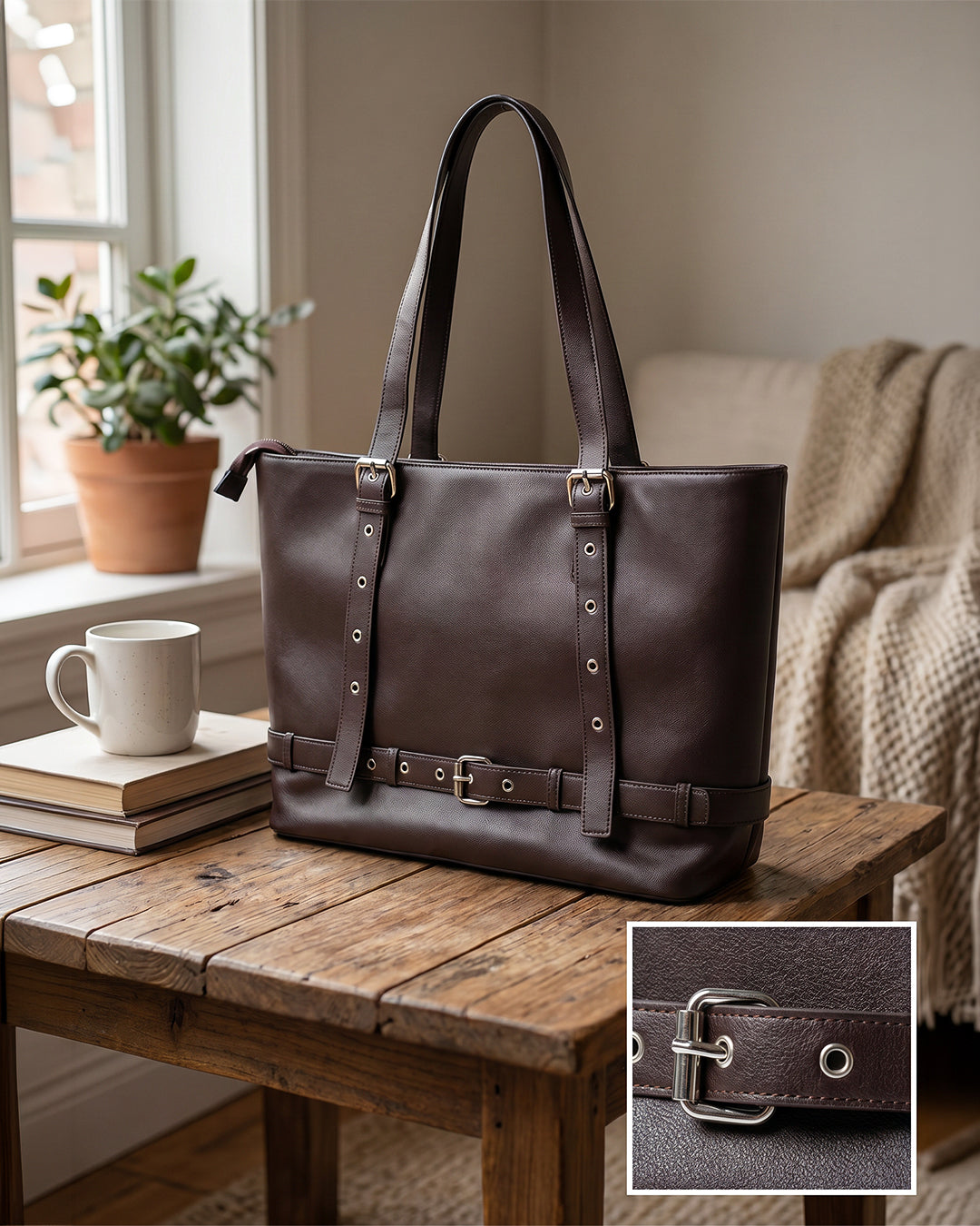 Belt Accent Work Tote Bag in Chocolate Brown