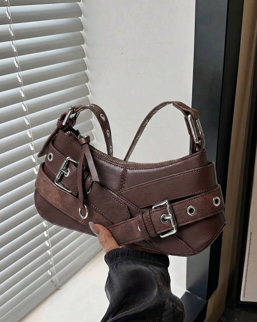 StyleShoot's Buckle Detail Eyelet Strap Shoulder Bag in Cocoa Brown