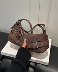 StyleShoot's Buckle Detail Eyelet Strap Shoulder Bag in Cocoa Brown