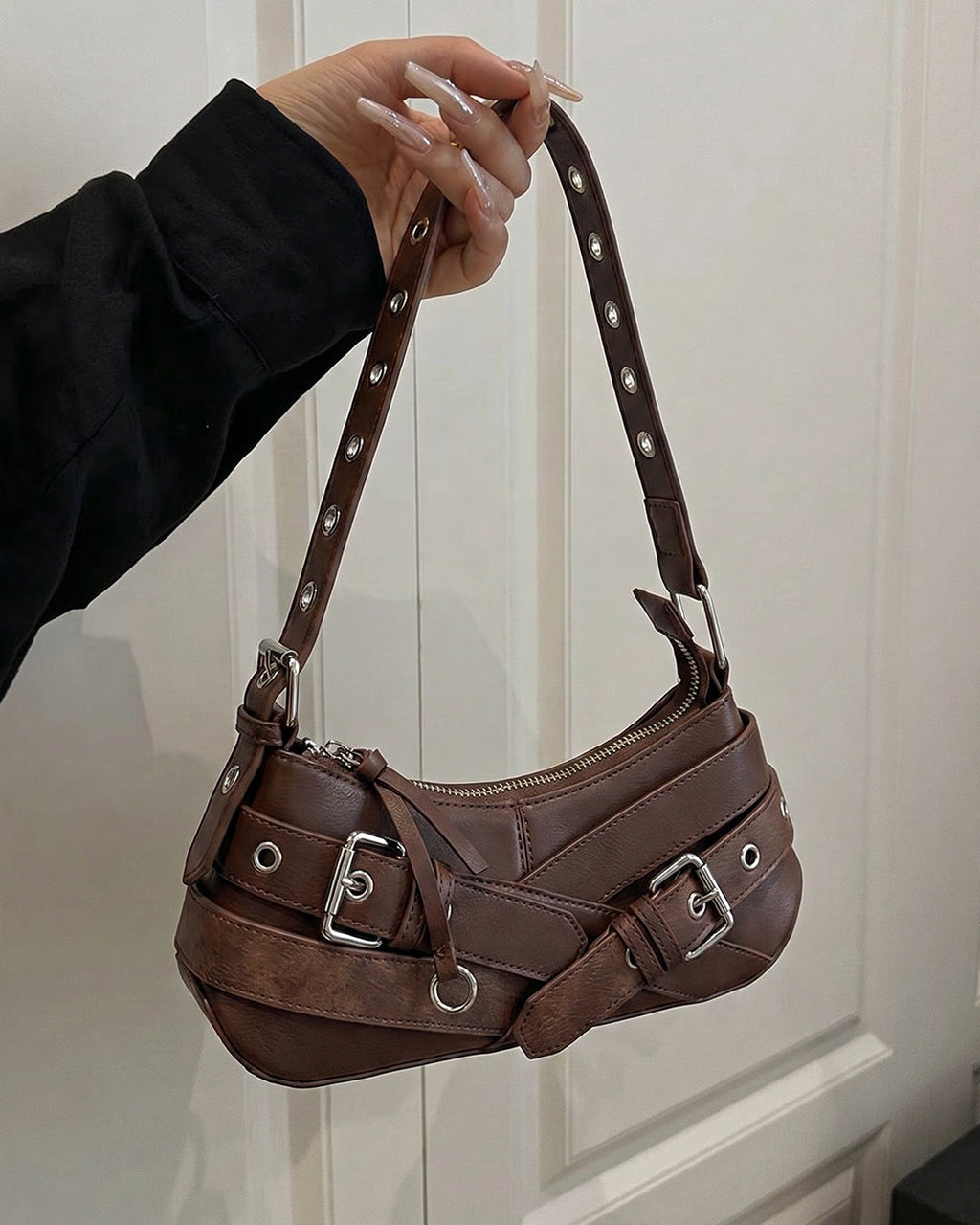 StyleShoot's Buckle Detail Eyelet Strap Shoulder Bag in Cocoa Brown