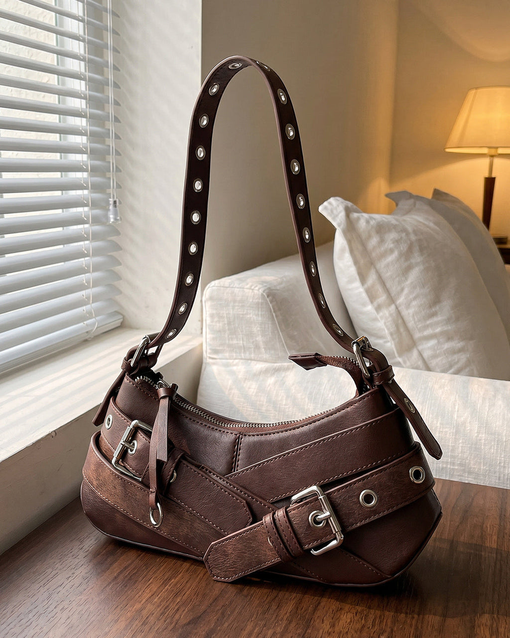 StyleShoot's Buckle Detail Eyelet Strap Shoulder Bag in Cocoa Brown