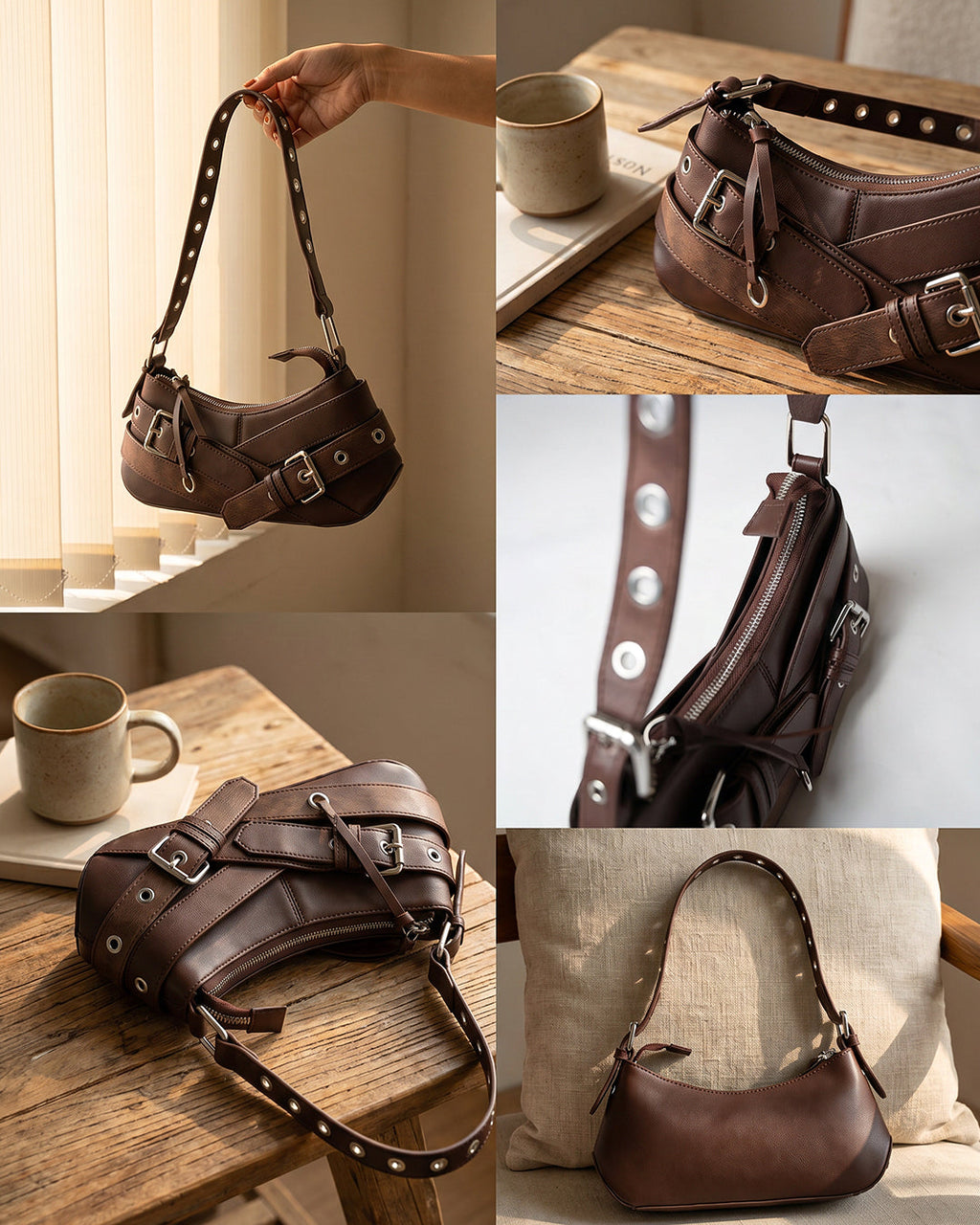 StyleShoot's Buckle Detail Eyelet Strap Shoulder Bag in Cocoa Brown