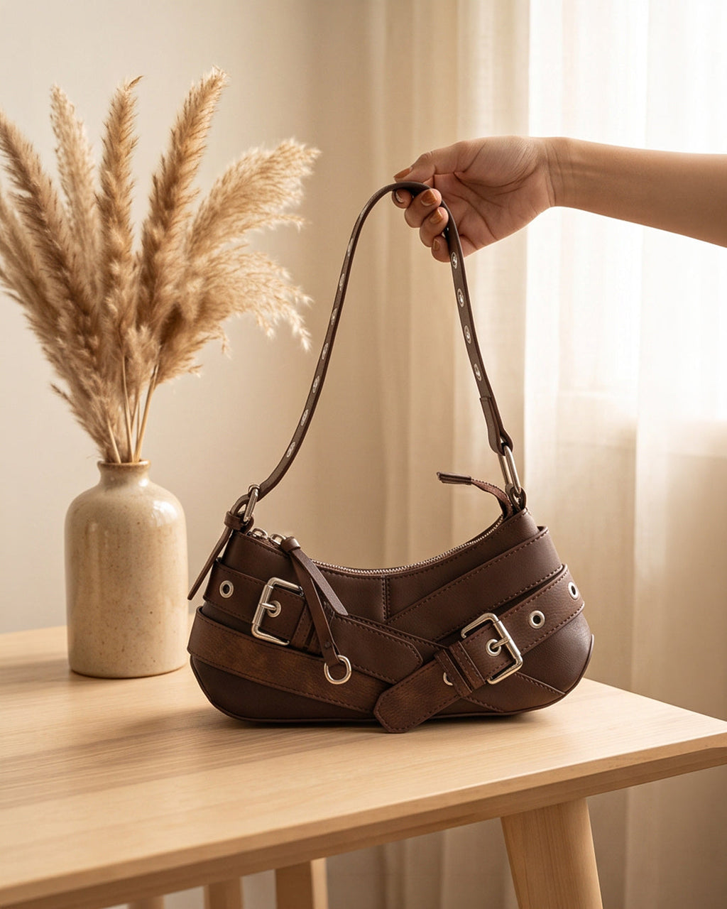 StyleShoot's Buckle Detail Eyelet Strap Shoulder Bag in Cocoa Brown