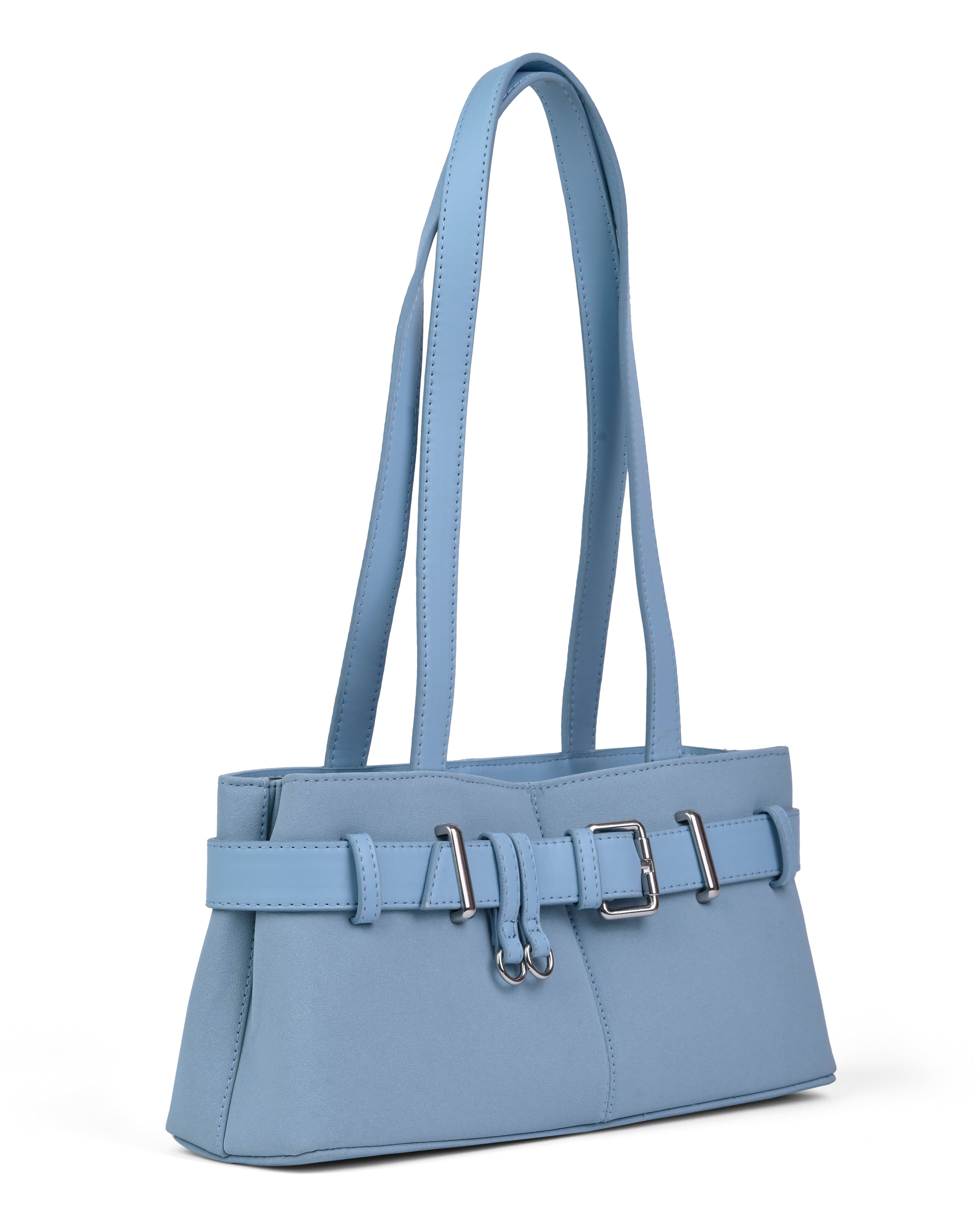 StyleShoot's Buckle Detail Structured Shoulder Bag in Baby Blue