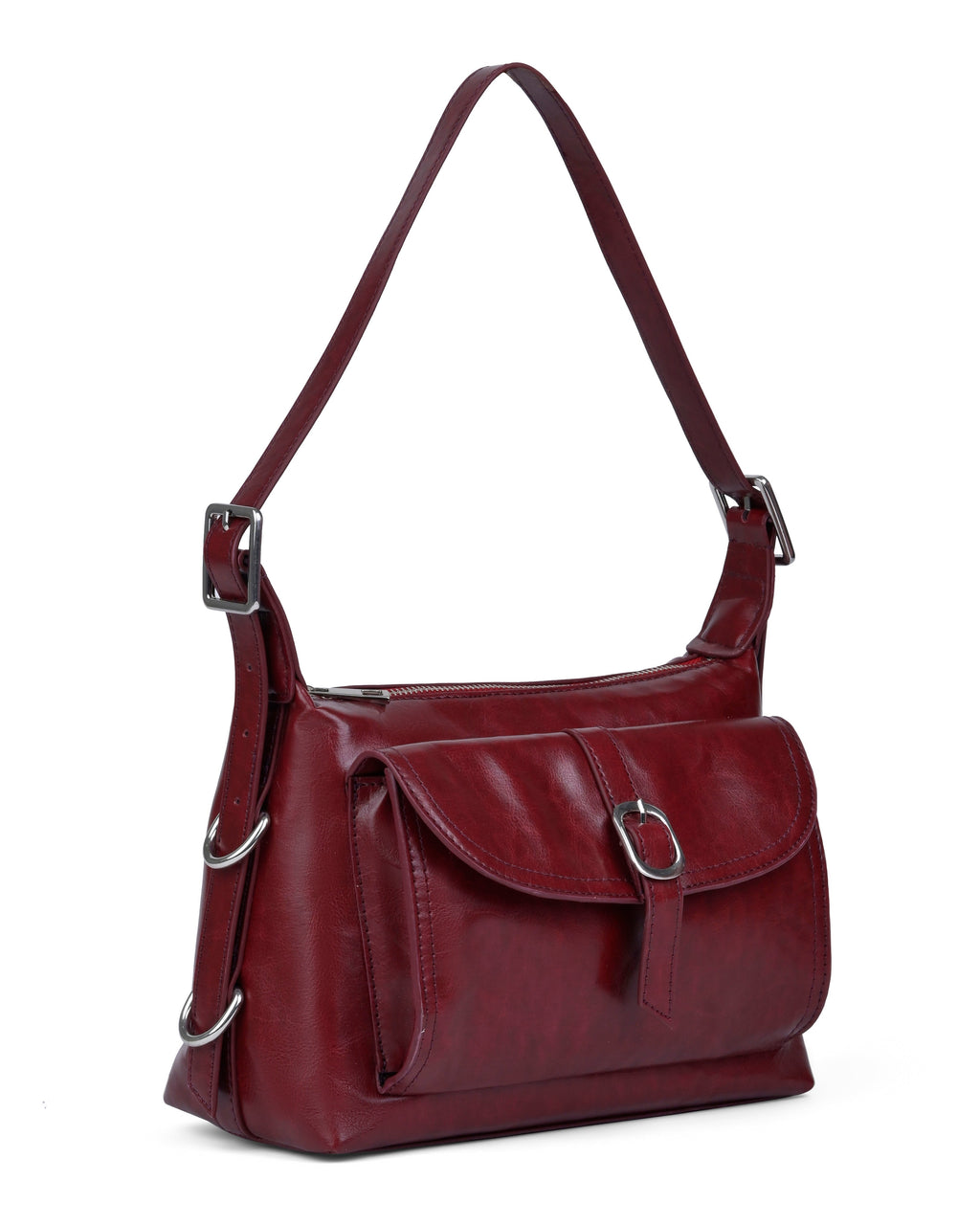 StyleShoot's Buckle Closure Flap Detail Shoulder Bag in Cherry Red