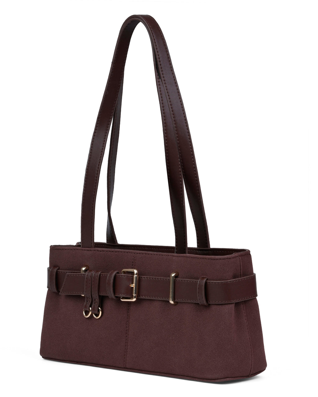 StyleShoot's Buckle Detail Structured Shoulder Bag in Coffee Brown