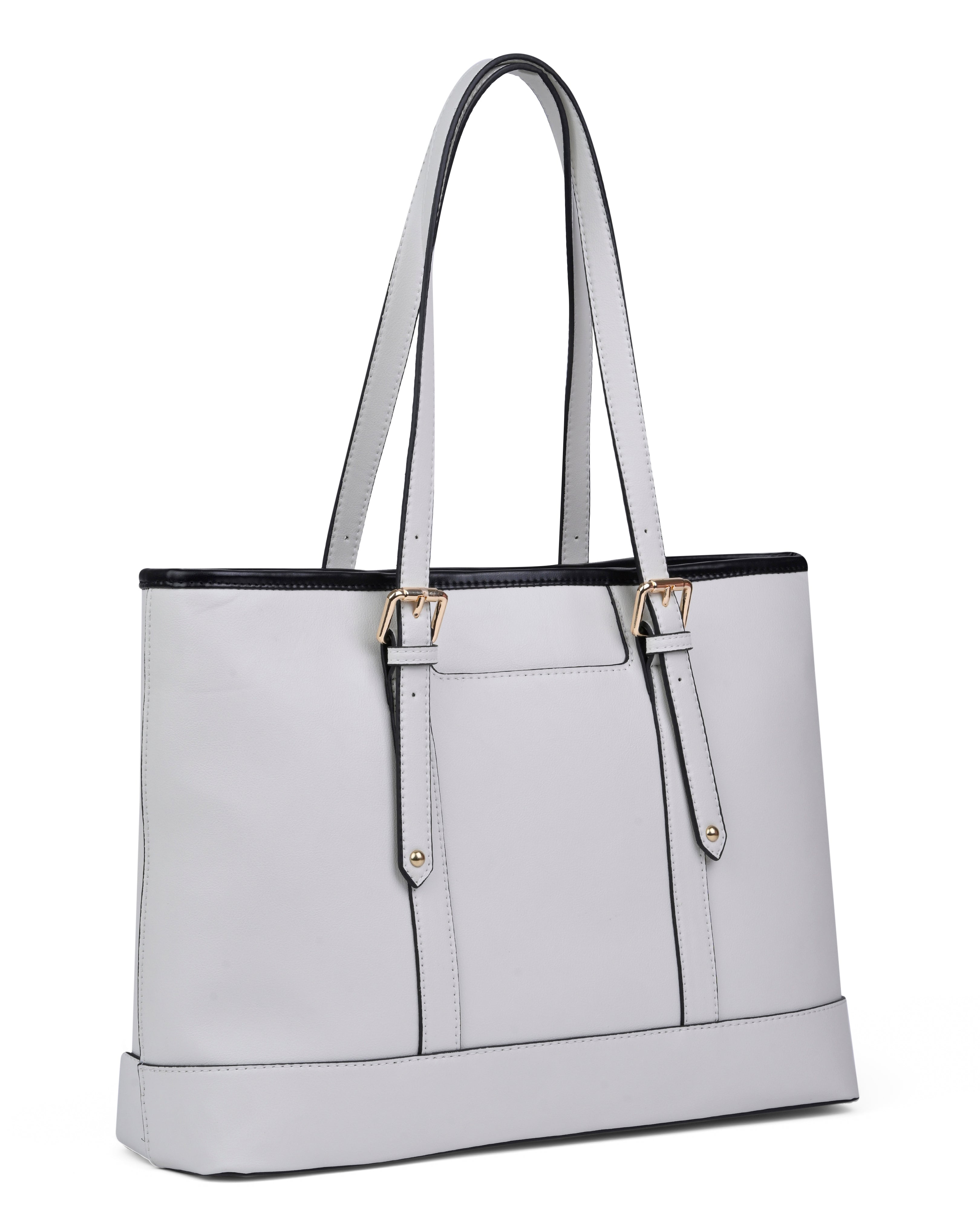 StyleShoot's Buckle Accent Office Tote Bag in Cream