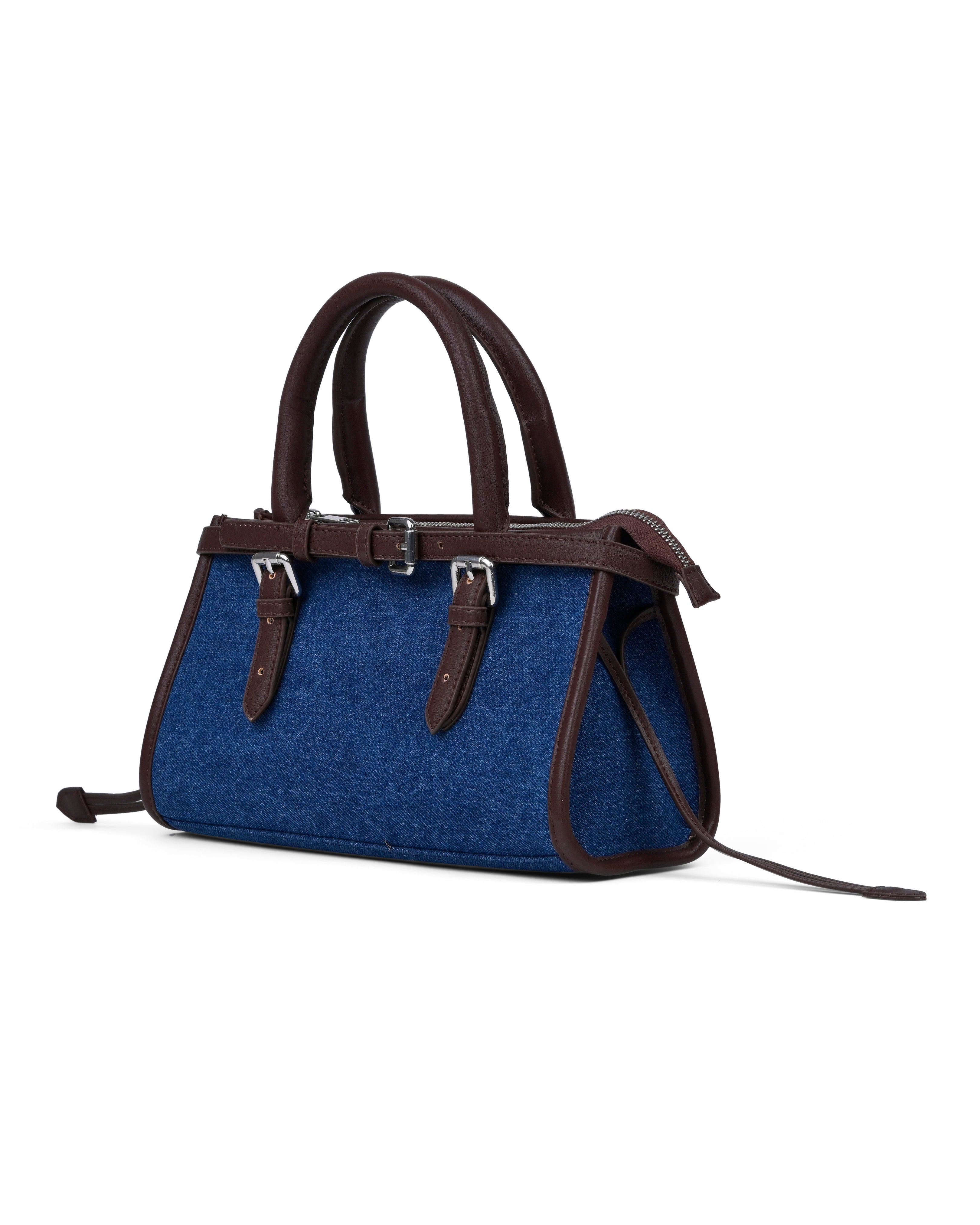 StyleShoot's Denim Buckle Detail Top Handle Shoulder Bag in Blue