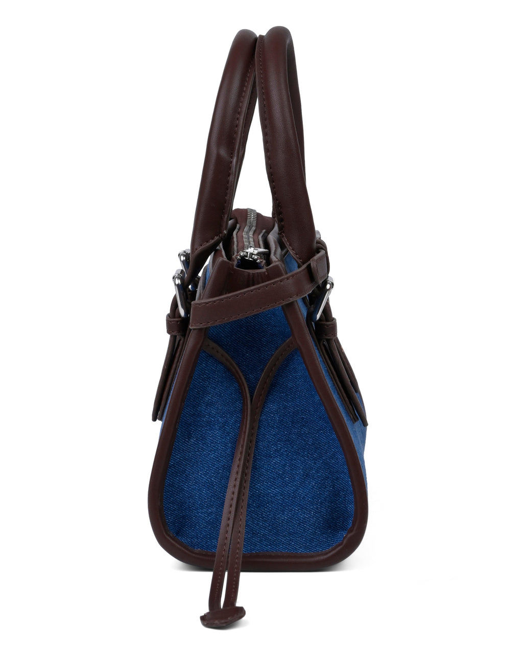 StyleShoot's Denim Buckle Detail Top Handle Shoulder Bag in Blue