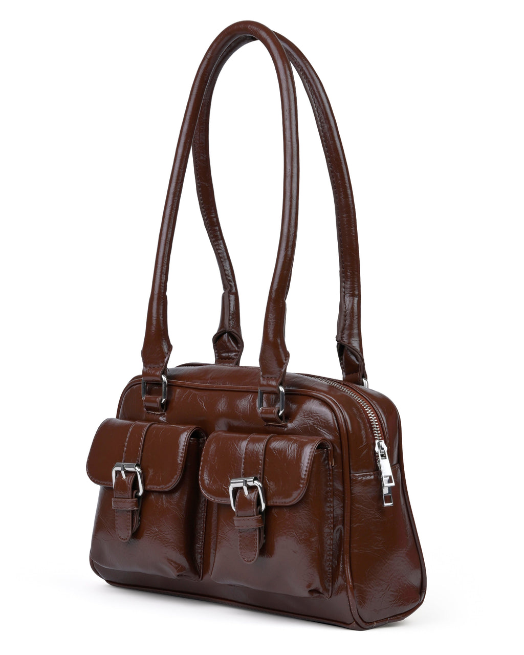 StyleShoot's Y2K Patent Shoulder Handbag in Chocolate Brown