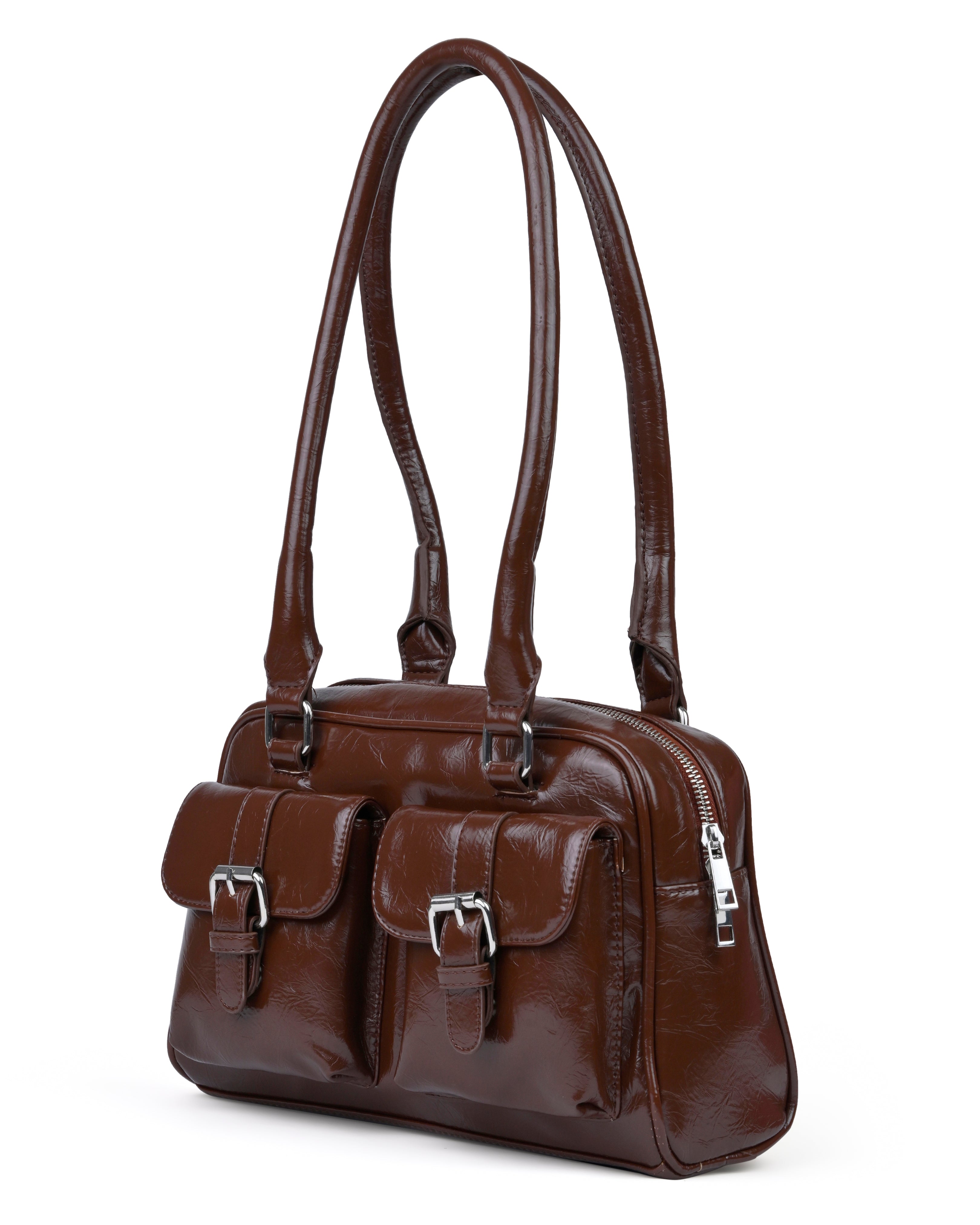 StyleShoot's Y2K Patent Shoulder Handbag in Chocolate Brown