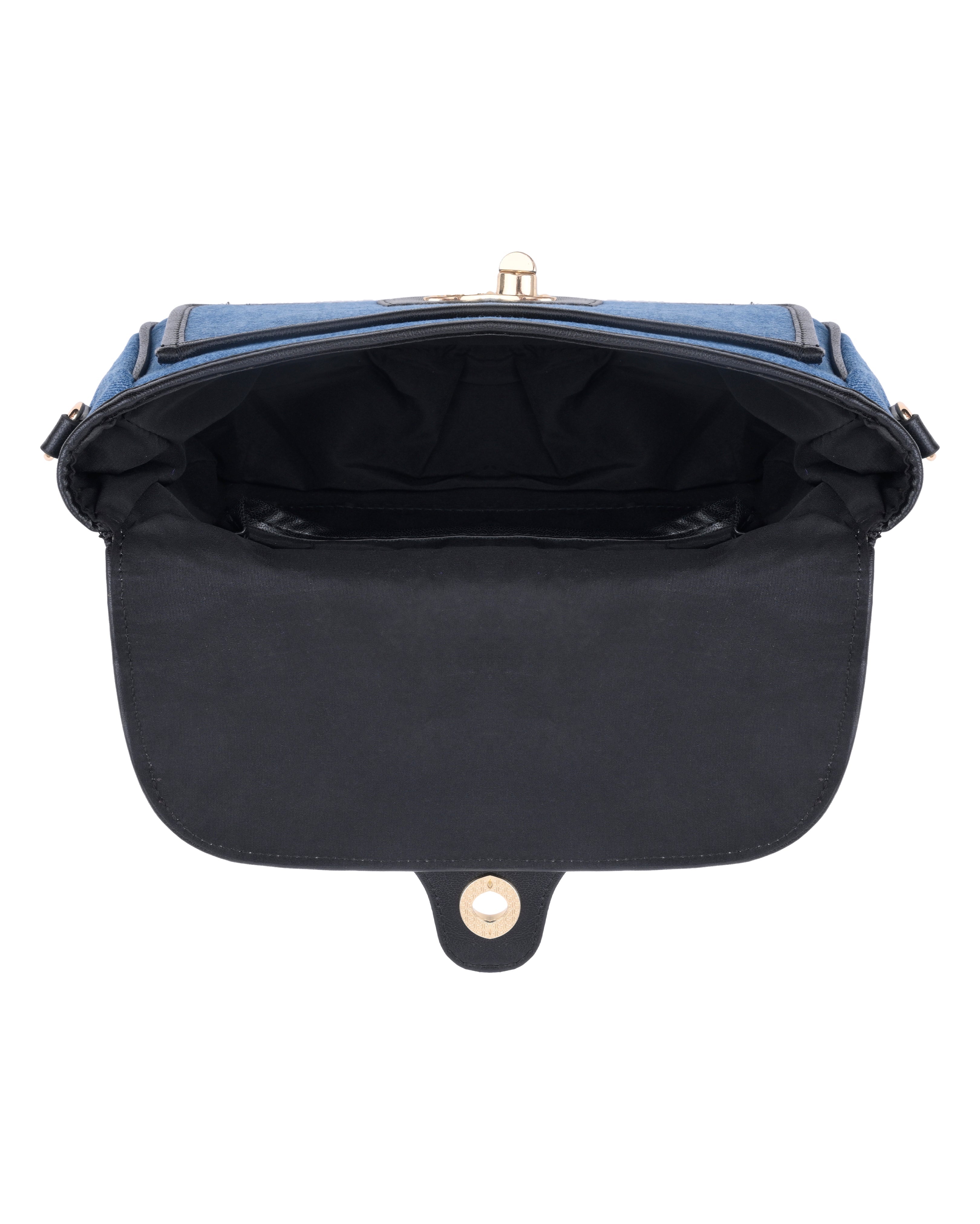 StyleShoot's Turn Lock Denim Crossbody Sling Bag in Blue