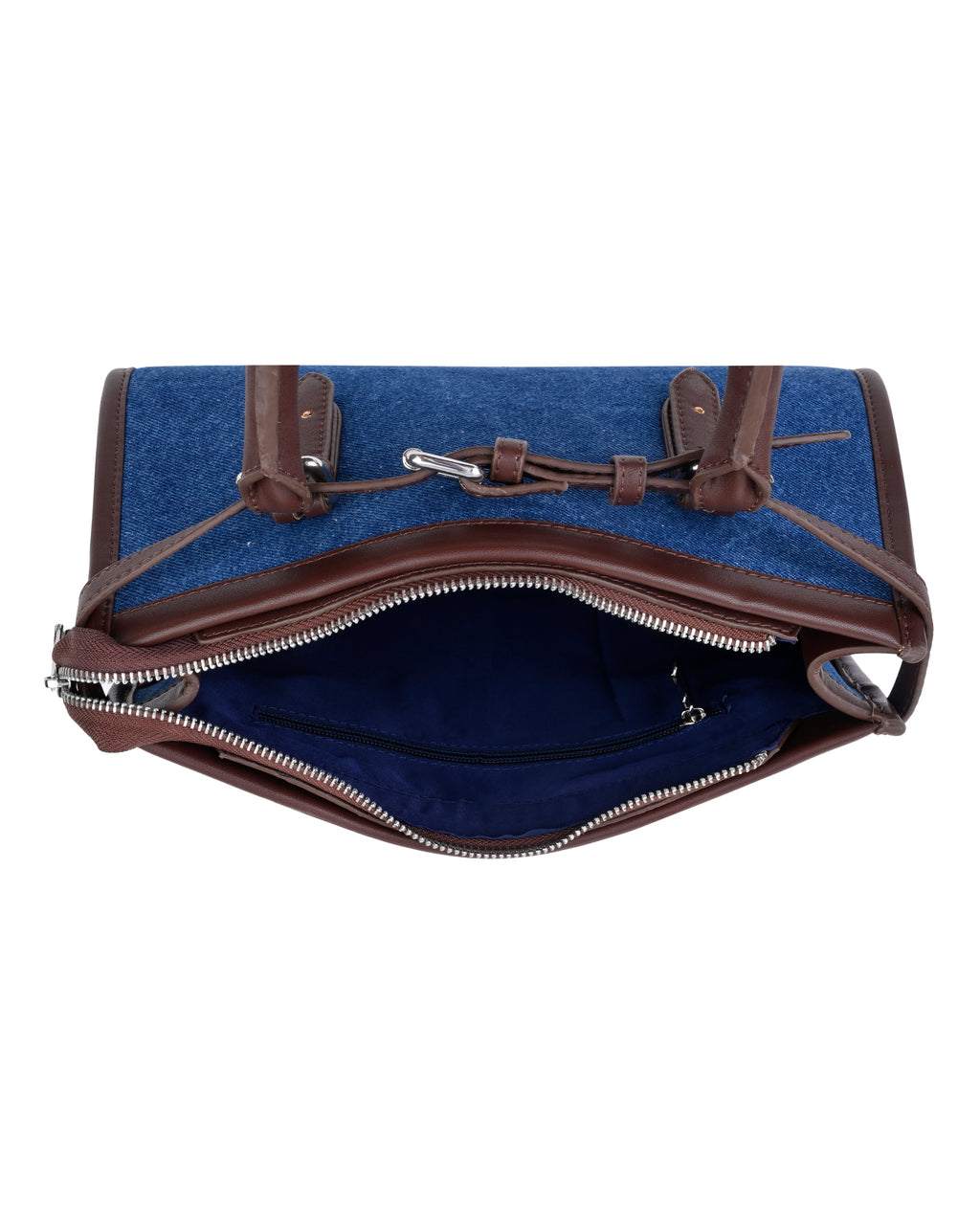 StyleShoot's Denim Buckle Detail Top Handle Shoulder Bag in Blue