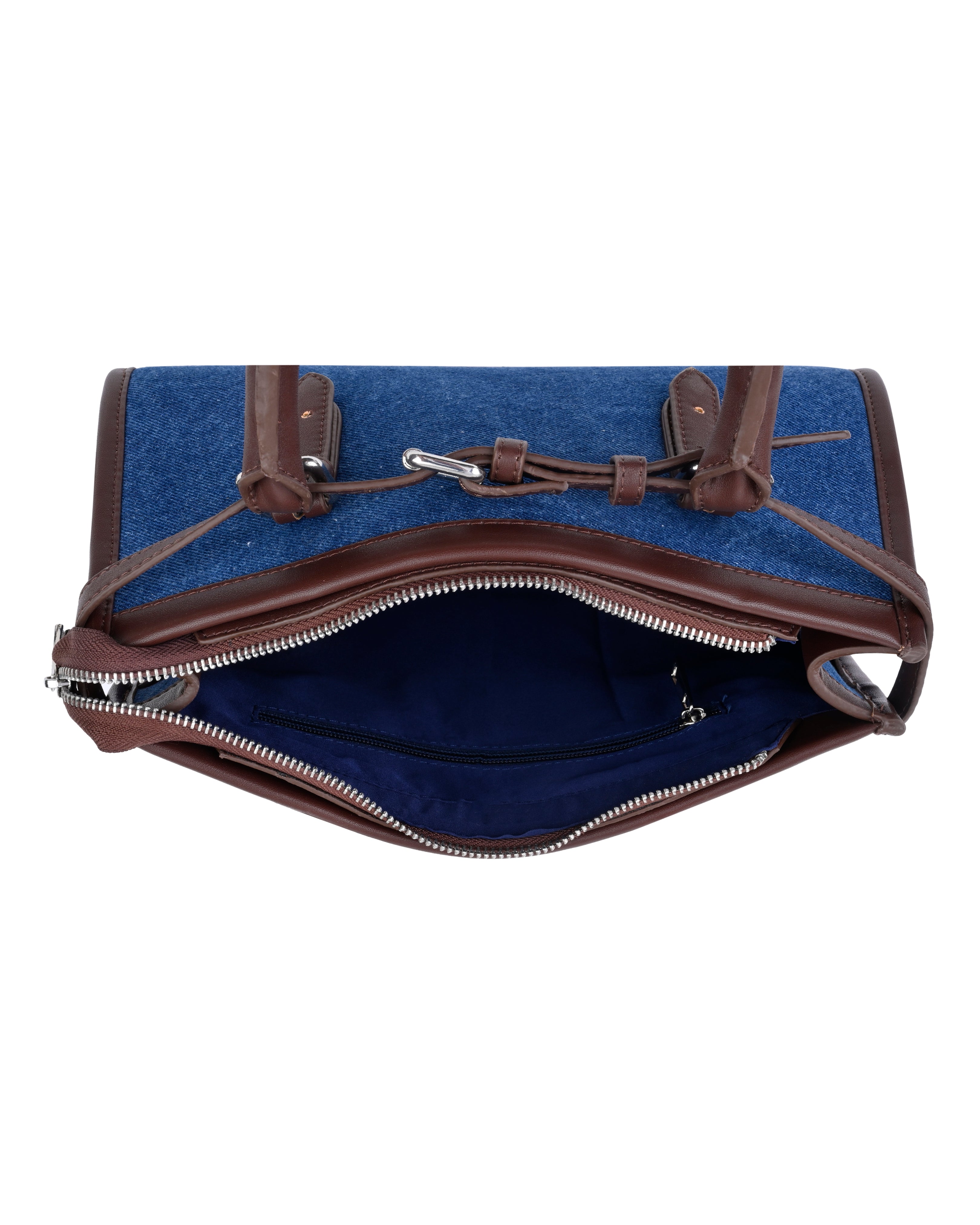 StyleShoot's Denim Buckle Detail Top Handle Shoulder Bag in Blue