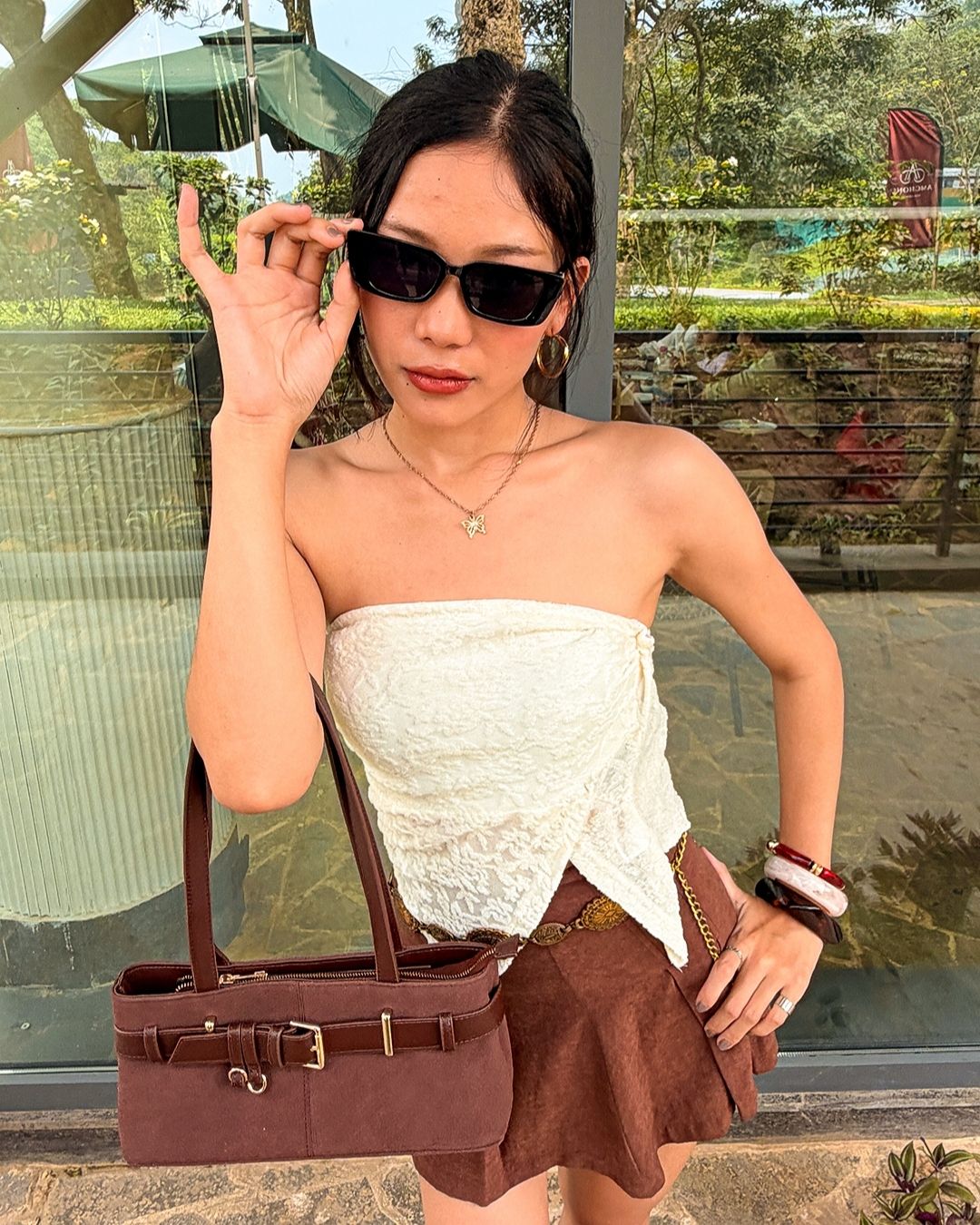 StyleShoot's Buckle Detail Structured Shoulder Bag in Coffee Brown